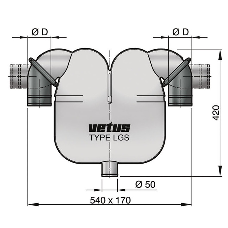 VETUS gas/water separator, 75 mm rotating connections, 50 mm drain