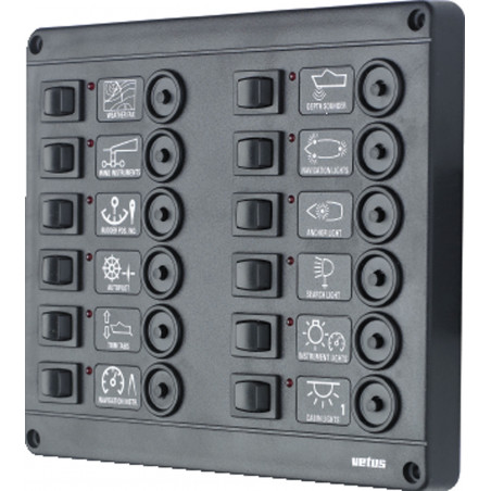 VETUS switch panel type P12 with 12 circuit breakers, 12 Volt